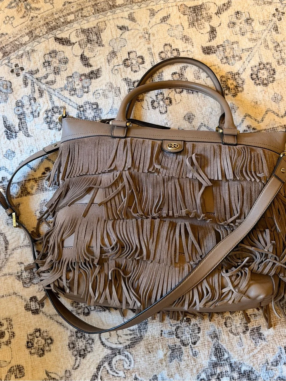 Tory Burch Taupe Fringe Leather Shoulder Bag